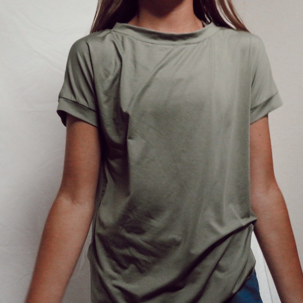 olive green smock neck silky top